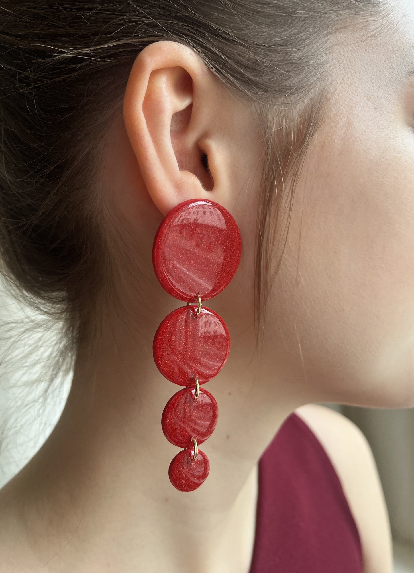 Statement Ohrringe groß & leicht – Polymerton Ohrringe handgefertigt, glitzernd in Rot, Rosé & Schwarz/Nachtblau